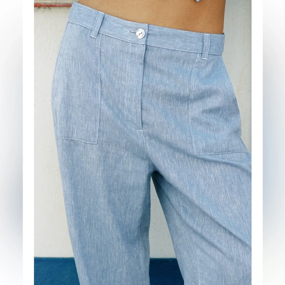 Zara Linen Jogger Pants Light Blue, Size M